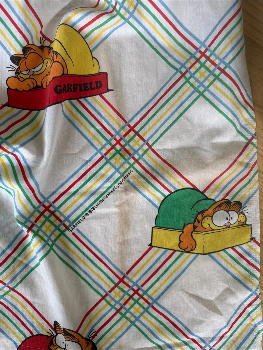Vintage Garfield Full Flat Sheet 1978 Plaid Cartoon Bedding Retro Collectible